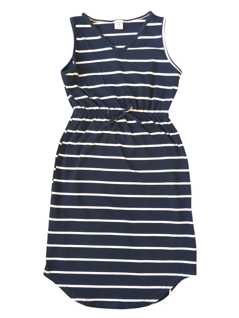 Girls Navy Striped Knot Front Curved Hem Dress (Size 7)